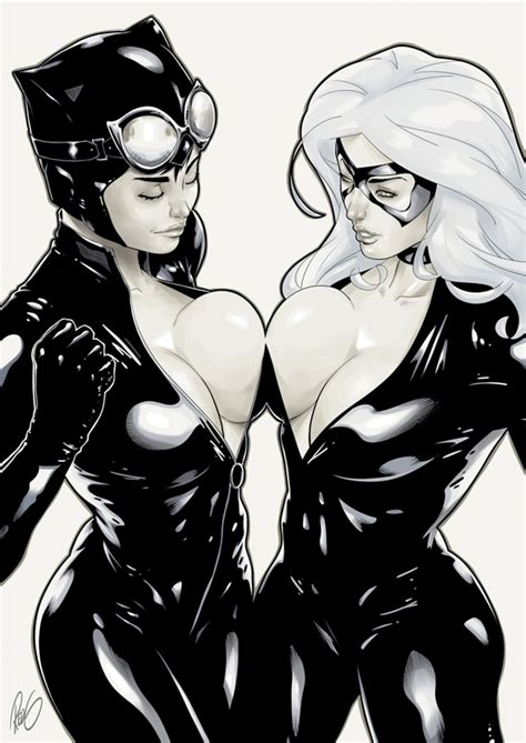 Black Cat And Catwoman Rub Breasts Crossover Comic Book Lesbians