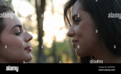 Two Girls French Kissing Outside At The Park Lgbt Lesbian Couple Kiss