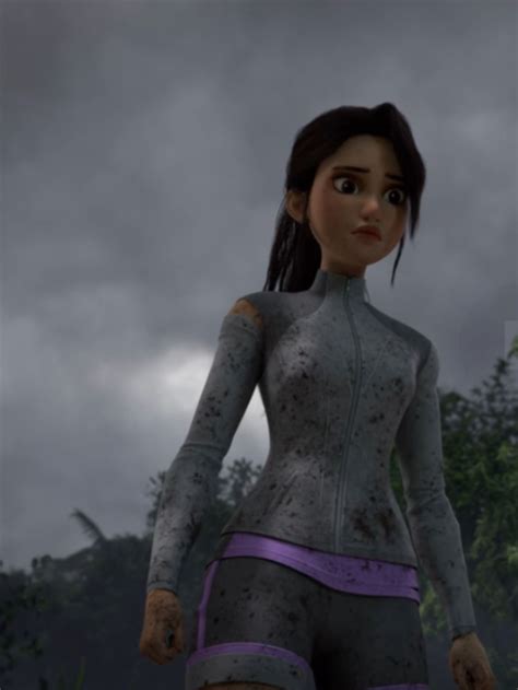An Animated Woman Standing In Front Of Some Trees And Bushes With Mud