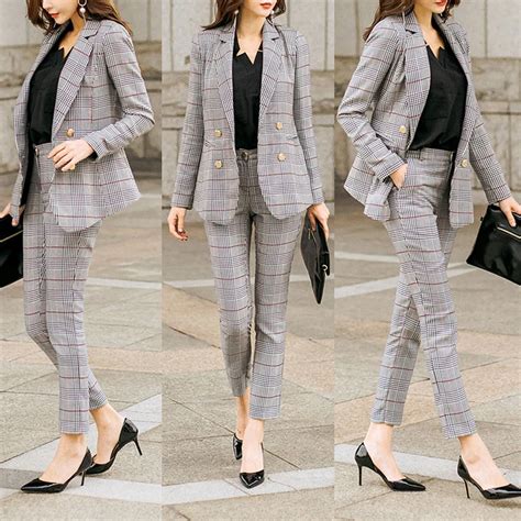 New Female High Quality Business Attire Blazers Suit Plaid Women Pants Suits 2 Two Piece Sets