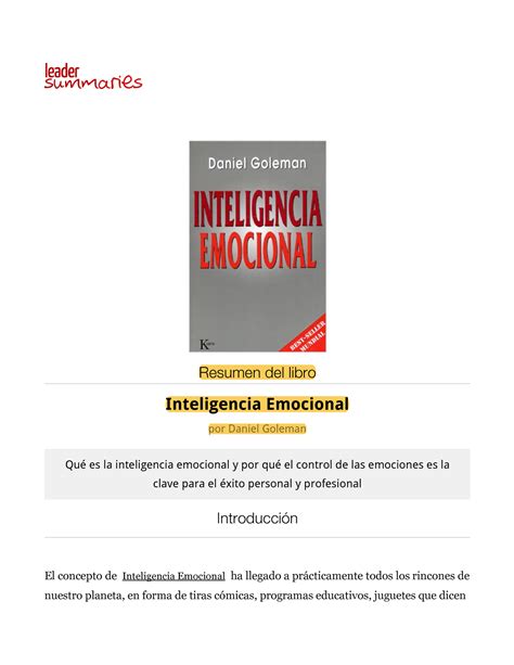 Inteligencia Emocional Resumen Del Libro De Daniel Goleman Resumen Del Libro Inteligencia