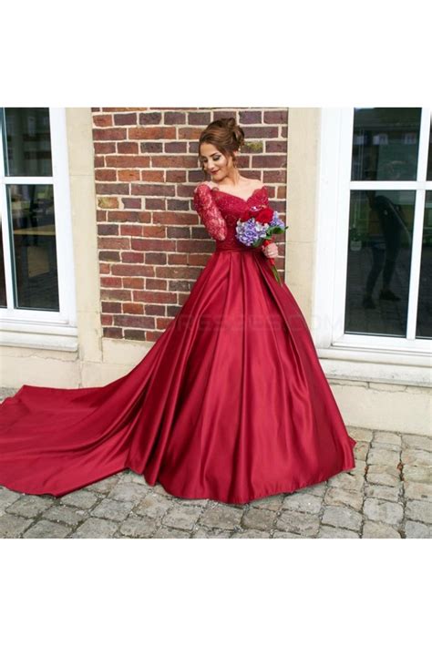 Ball Gown Long Red Long Sleeves Lace Off The Shoulder Prom