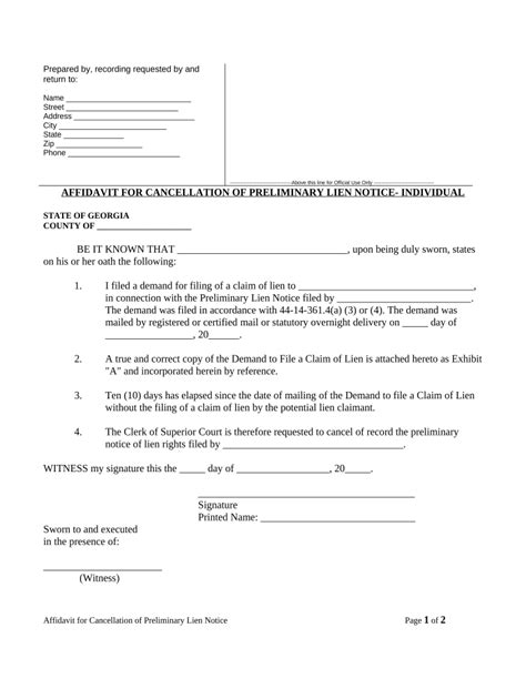 Affidavit In Support Of Cancellation Of Preliminary Lien After Notice