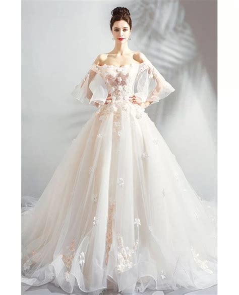 Stunning White Champagne Ball Gown Floral Wedding Dress Fairy Style
