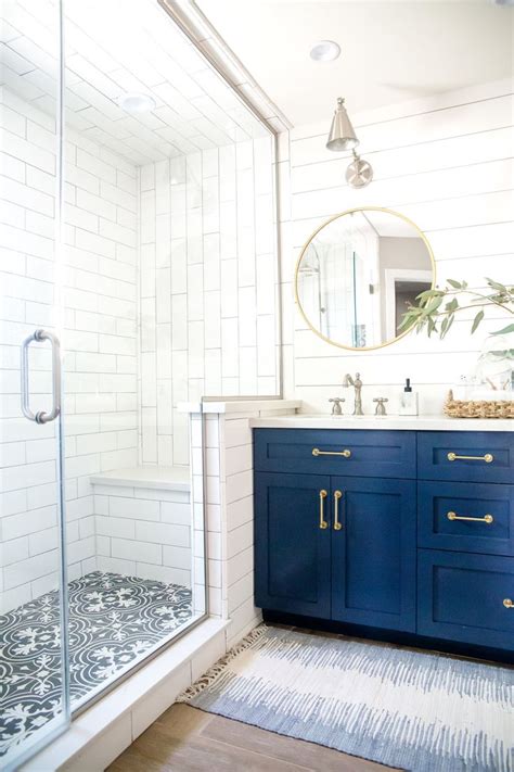 Shiplap And Long Subway Tile With Wood Floor And Navy Vanity Love The