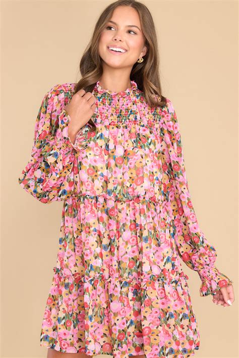 Adorable Pink Floral Print Mini Dress Fall First Look Red Dress