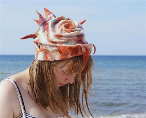 Crazy Wool Hat Hand Felted Inspired By Sea Shell Ooak