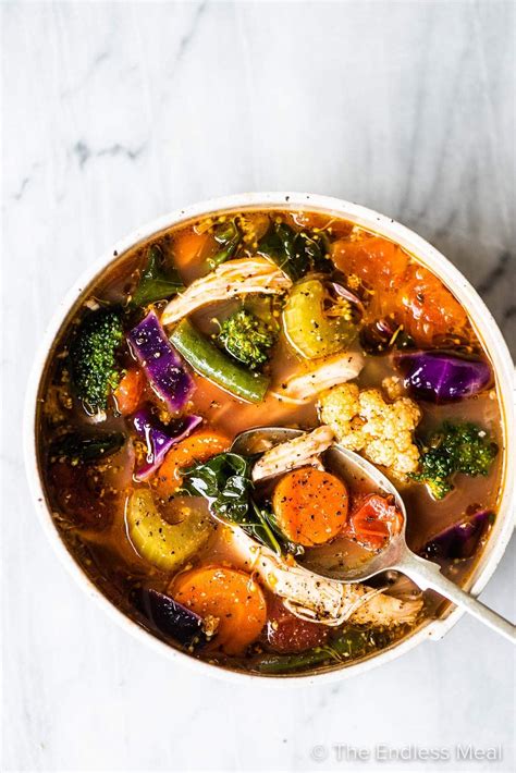 Each serving provides 288kcal, 28g protein, 11.5g carbohydrate (of which 7g sugars), 14g fat (of which 6.5g saturates), 3.4g fibre and. PIN TO SAVE FOR LATER! This chicken vegetable soup is ...