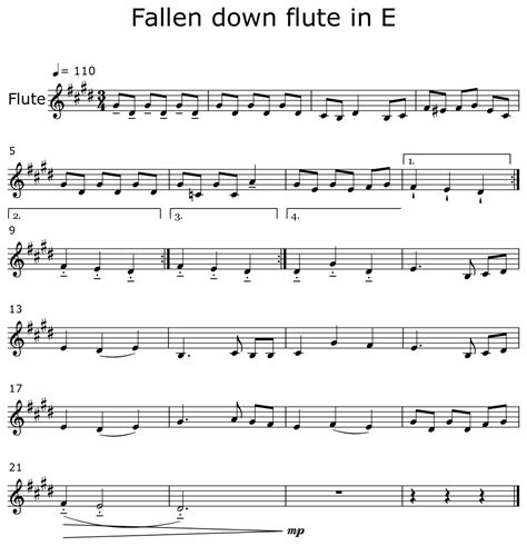 Fallen Down Flute In E Sheet Music For Flute
