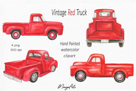 Red Truck Clipart Vintage Pick Up Hand Painted Watercolor 708321