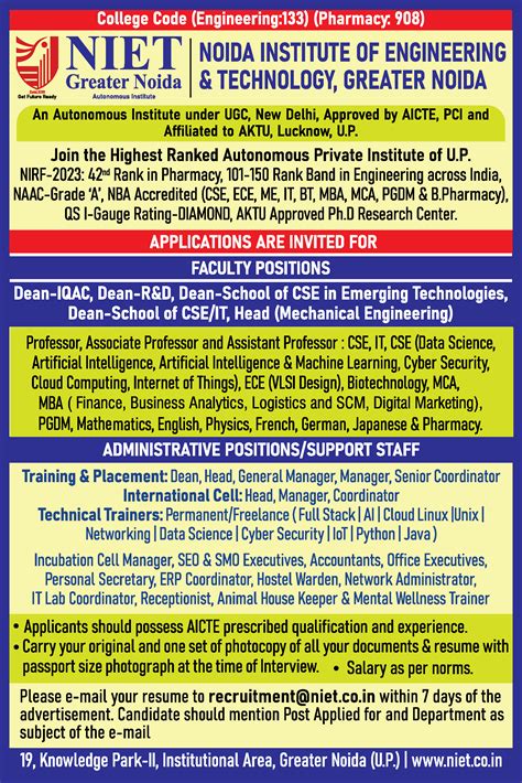 Receptionist job vacancy at Noida Institute of Engineering and Technology