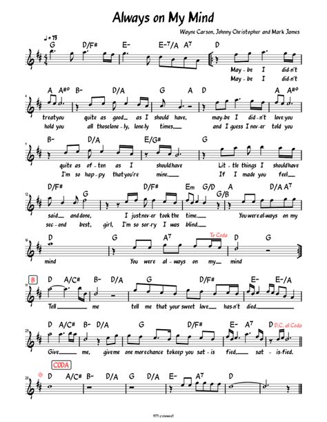 Always On My Mind Lead Sheet With Lyrics Sheet Music For Piano Solo