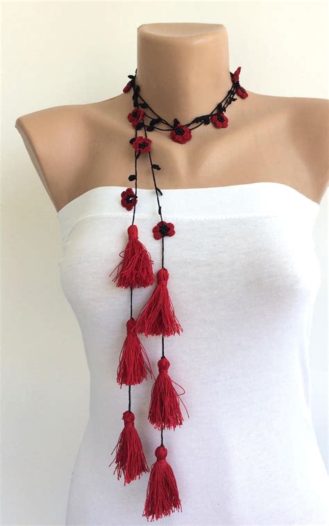 Red Tassel Necklace Boho Wrap Necklace Crochet Necklace Oya Etsy