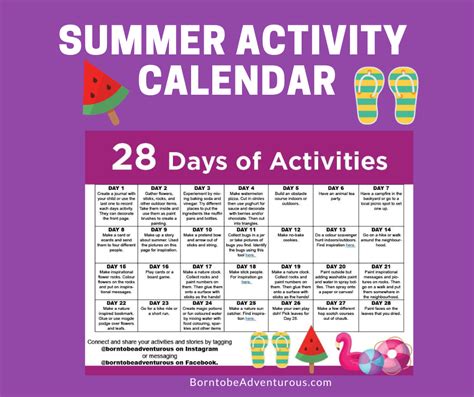 Summer Activity Calendar For Kids Free Printable