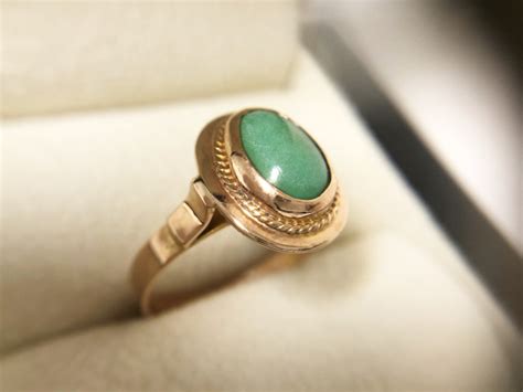 Antiek Ros Gouden Ring Cabochon Geslepen Groene Turkoois Dames