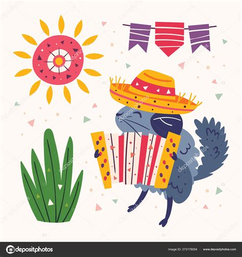 Mexico Clip Art Little Cute Chinchilla Sombrero Button Accordion Grass