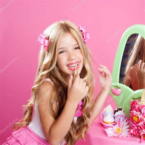 Children Fashion Doll Little Girl Lipstick Makeup Pink Vanity Stock