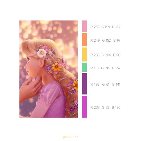 디즈니공주 라푼젤 색조합 디즈니 색조합 Disney Princess Rapunzel Pantone Color Coding Color Palettes Design