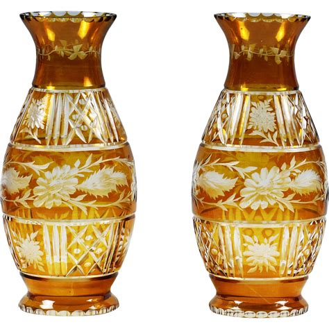Vintage Bohemian Czech Egermann Art Glass Vase Floral Engrave Cut From
