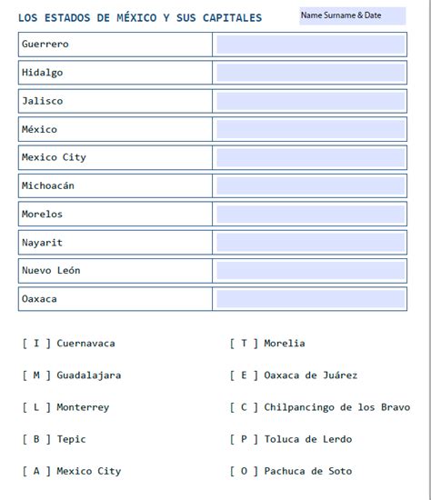 MEXICAN STATES AND CAPITALS QUIZ Teaching Resources