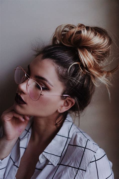 Messy Bun Hairstyle And Glasses Dark Lip Makeup Hairstyles With Glasses