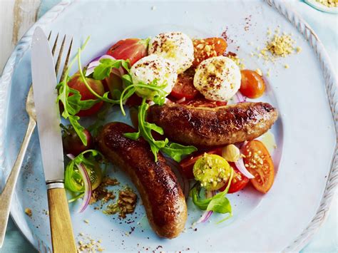 Lamb Sausages With Labne Dukkah And Tomato Salad Recipe Sausage