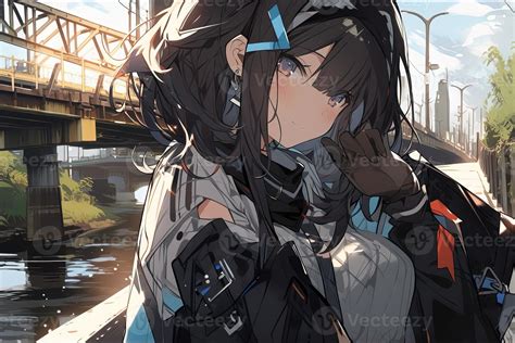 Cute Anime Girl With Black Hair And Blue Eyes On A Railroad Bridge Background At A Summer Day