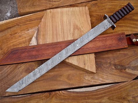 Mind Blowing Custom Made Damascus Steel Hunting Sword Walnut Wood