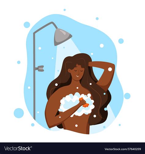 Young African American Woman Taking Shower Cartoon