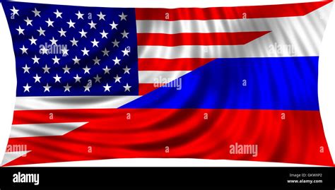 American And Russian Flags Together Waving In Wind Isolated On White