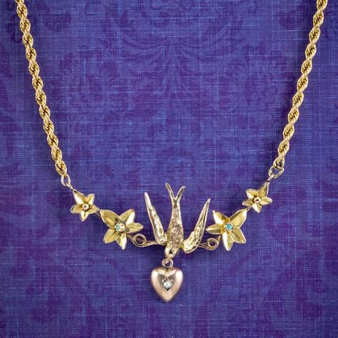 Antique Victorian Swallow Heart Ivy Necklace 9ct Gold Gem
