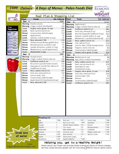 1600 Calories A Day 4 Day Paleo Diet With Shoppong List Printable