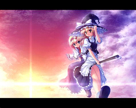 2girls Alice Margatroid Blonde Hair Clouds Dress Hat Kirisame Marisa Long Hair Short Hair Sky