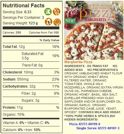290 calories, 9 g fat (4 g saturated fat), 630 mg sodium, 38 g carbs (4 g fiber, 10 g sugar, 3 g added sugars), 15 g protein 4 best frozen pizza with added. Amy's Kitchen frozen Pizza Page