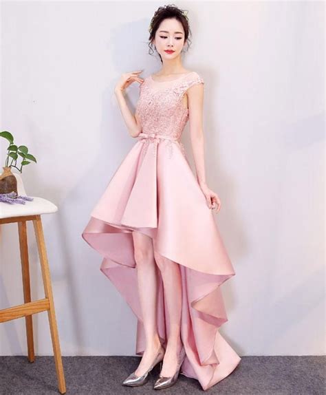 Pink High Low Lace Prom Dress Evening Dress Evening Dresses Short Pink Evening Dress High