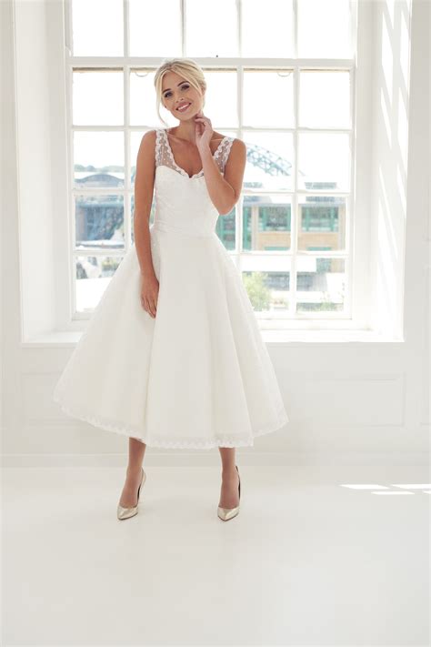 Gorgeous Ballerina Length Wedding Dress With Spot Tulle Overlay V Neck