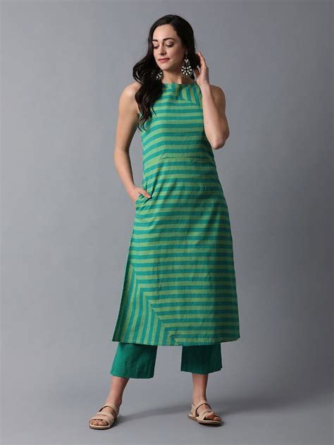 Best 12 Green Cotton Sleeveless Striped Kurta With Pants Set Of 2 Designer Dresses Indian