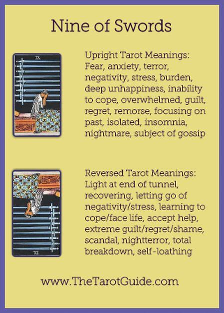 Here is a handy tarot card meanings list to get your psychic juices flowing. Nine of Swords | Tarot learning, Tarot, Tarot guide