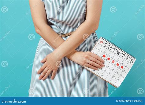 Cropped Shot Illness Woman In Blue Dress Holding Periods Calendar For