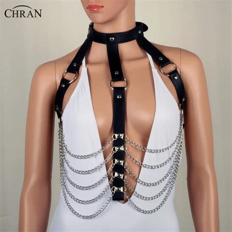 chran leather harness bondage beach chain collar goth choker shoulder necklace jewelry
