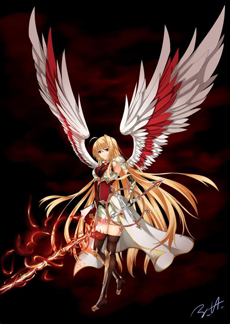 Wallpaper Illustration Blonde Long Hair Anime Girls Wings Armor Red Eyes Sword Wing