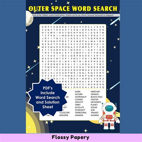 Outer Space Word Search Printable Pdf Large Word Search Etsy