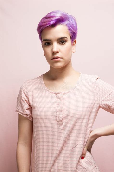 Violet Short Haired Girl In Pink Pastel Indoors Stock Photo Image Of