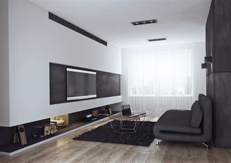 With black and chrome accessories in the room, this design is versatile enough to be the perfect fit for both a bachelor pad and a smaller family living room. Minimalist Bachelor Pad Brings Sleek Style to the Single