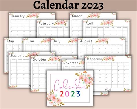 Printable Calendar 2023 Digital Calendar 12 Month Calendar Etsy