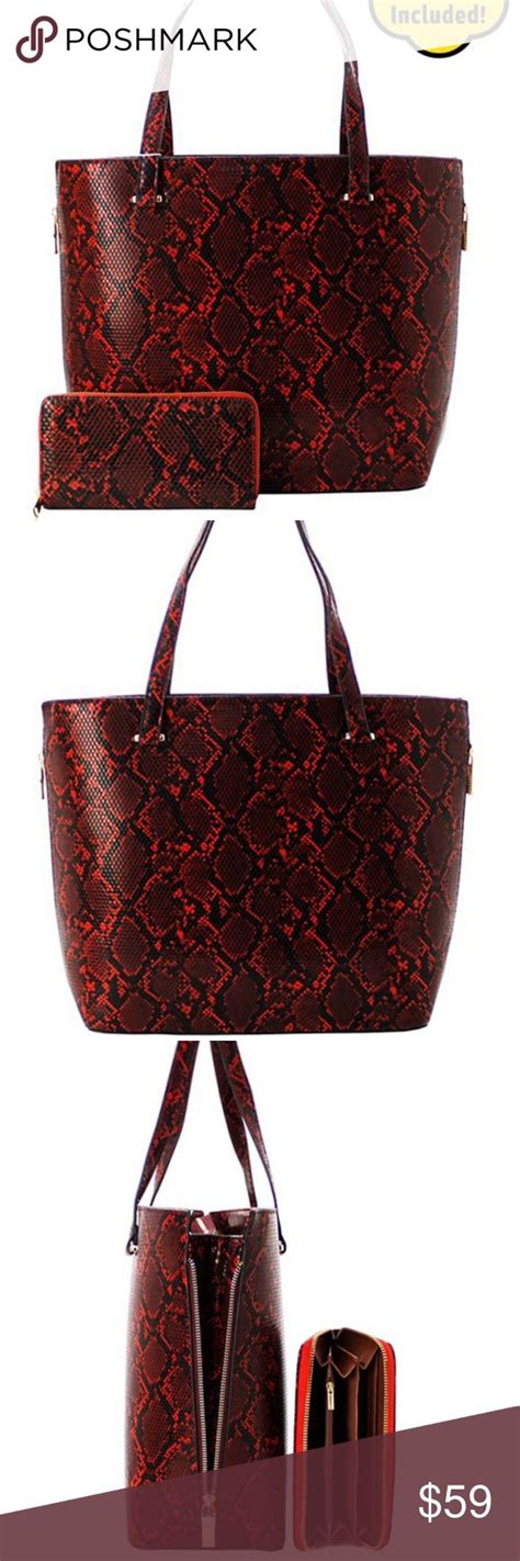 Red Leather Snakeskin Tote Baghandbag Wallet Handbag Wallet Bags