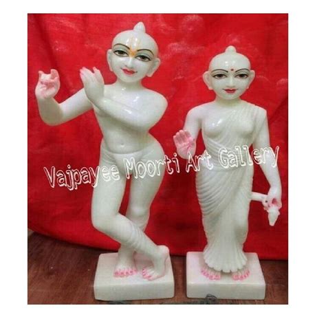 Painted Hindu White Marble Iskon Radha Krishna Statue For Worship