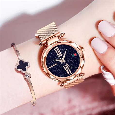 Luxury Rose Gold Women Watches Minimalism Starry Sky Magnet Buckle Fashion Casual Female