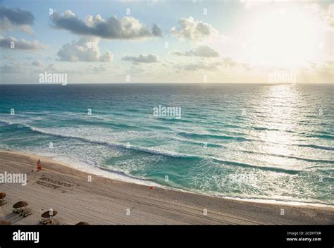 High Angle View Of A Sunrise Over The Ocean And Beach In Cancun Mexico