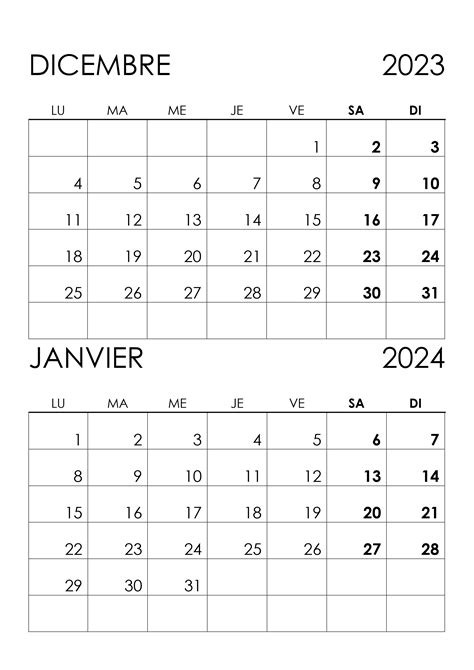 Calendrier Décembre 2023 Janvier 2024 Calendriersu